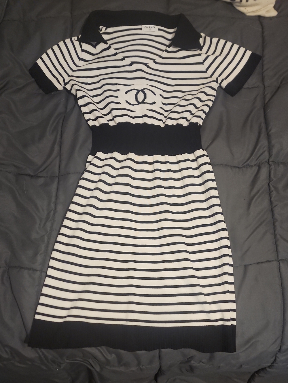 Authentic CHANEL Black and White Striped Knit Polo Mini Dress - So Cute! WOW!